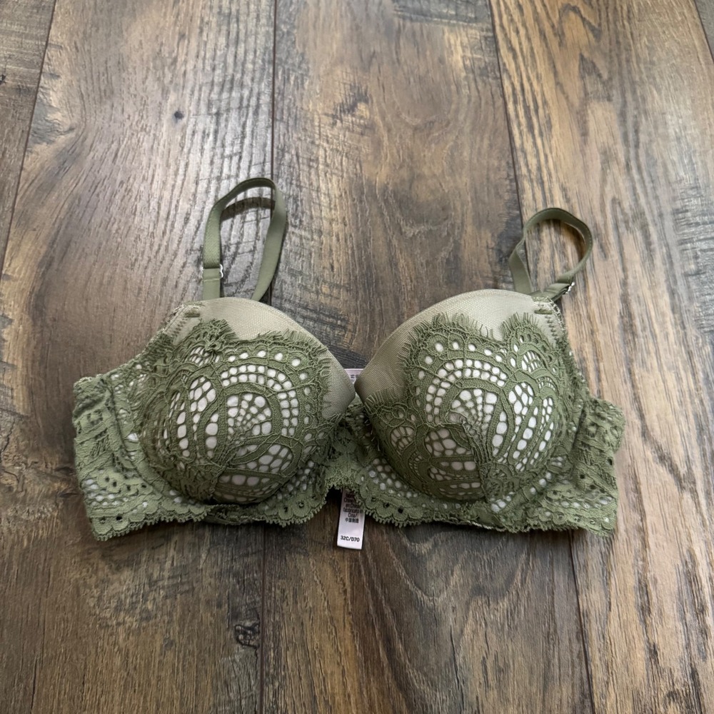 Victorias Secret Dream Angels Lined Demi Bra Olive Green Lace 32C Underwire